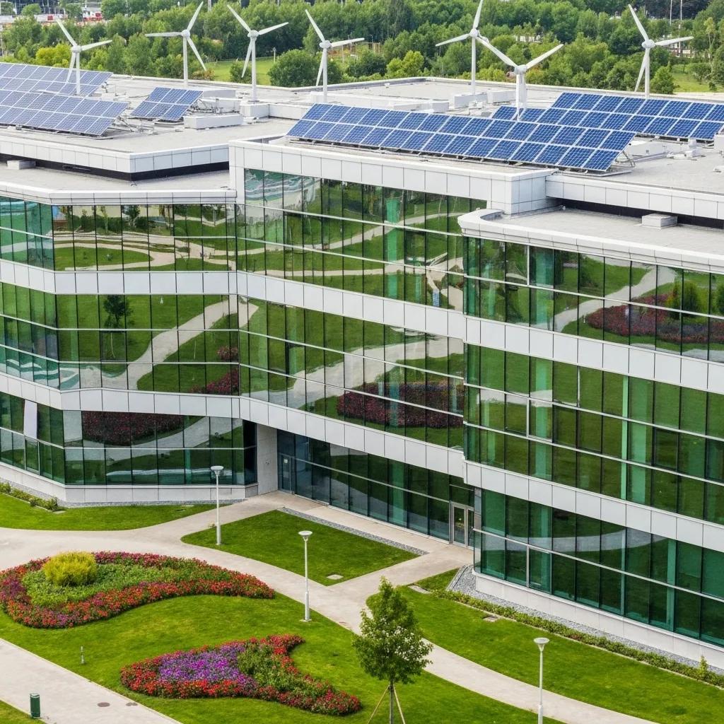 Modern energy-efficient building with solar panels and wind turbines, surrounded by green landscaping and pathways, emphasizing indoor air quality and sustainable construction practices.