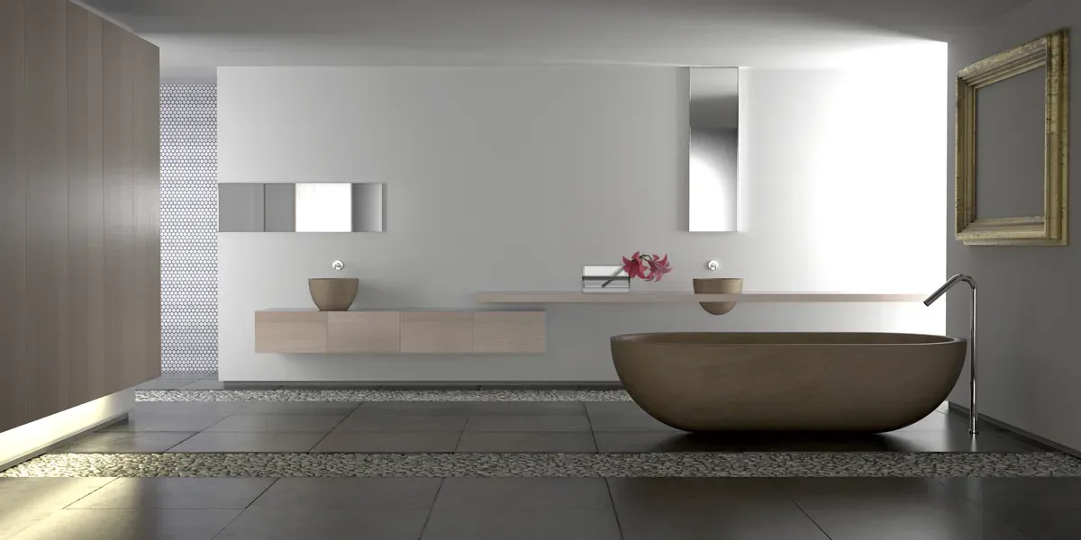 High-end bathroom renovation featuring artisanal craftsmanship and sustainable materials in a tranquil setting.