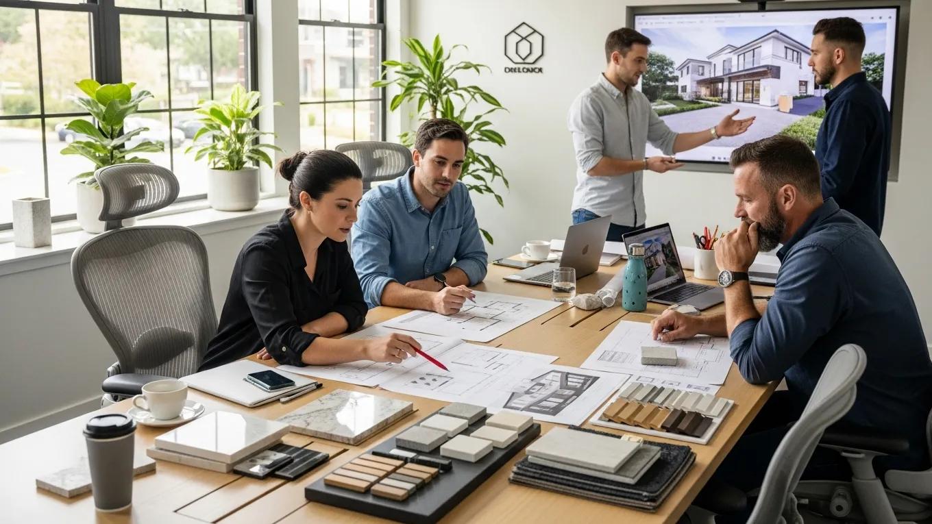 Architect and builders collaborating on luxury home designs with detailed blueprints and materials