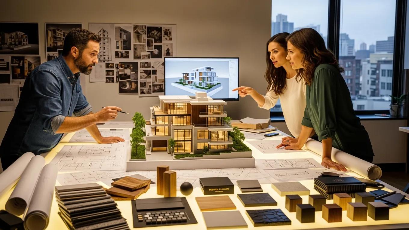 Architect collaborating with homeowners on custom build designs showcasing creativity and professionalism