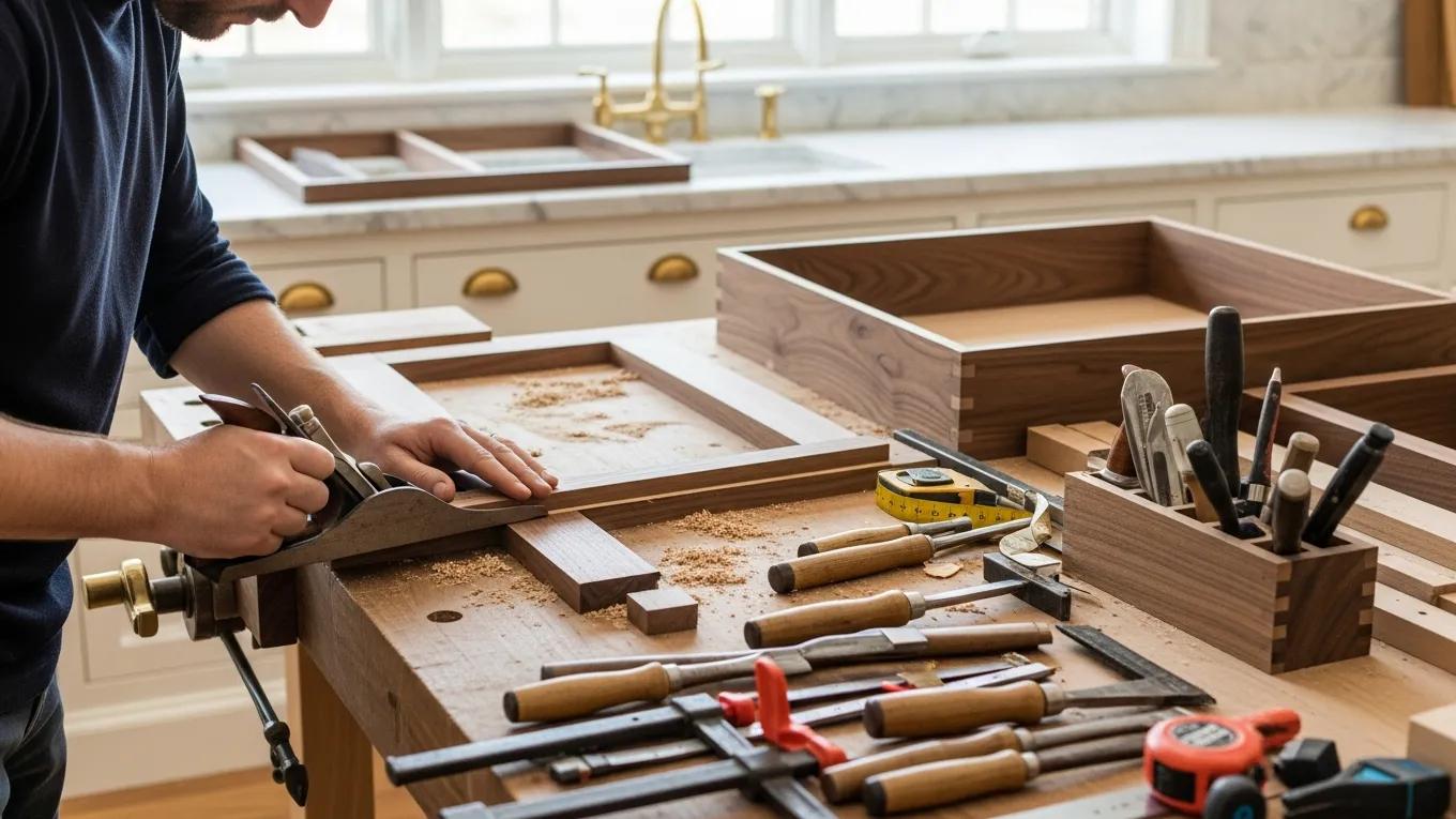 Artisan crafting custom cabinetry in a luxury kitchen, showcasing meticulous craftsmanship and quality materials