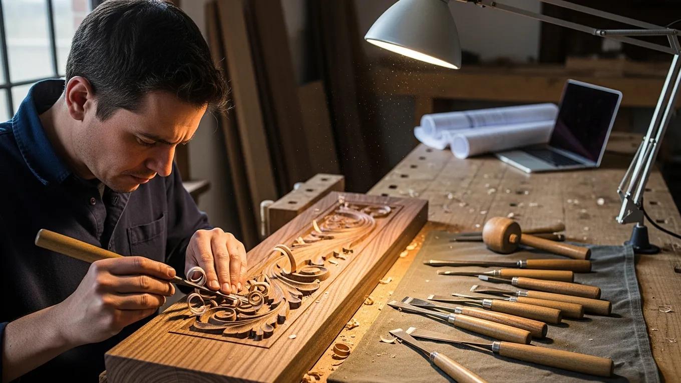 Artisan crafting hand-carved woodwork in a luxury home renovation, showcasing heritage craftsmanship