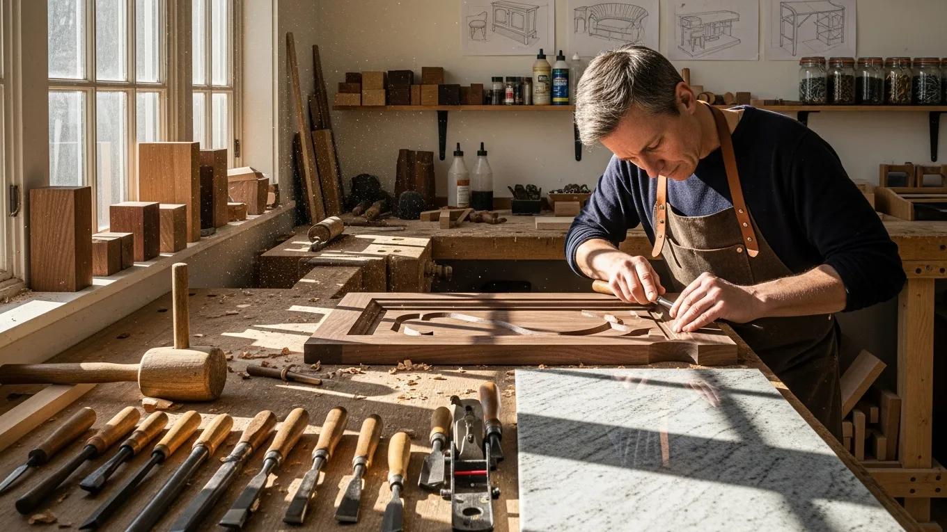 Artisan craftsman illustrating bespoke woodworking for luxury home renovations
