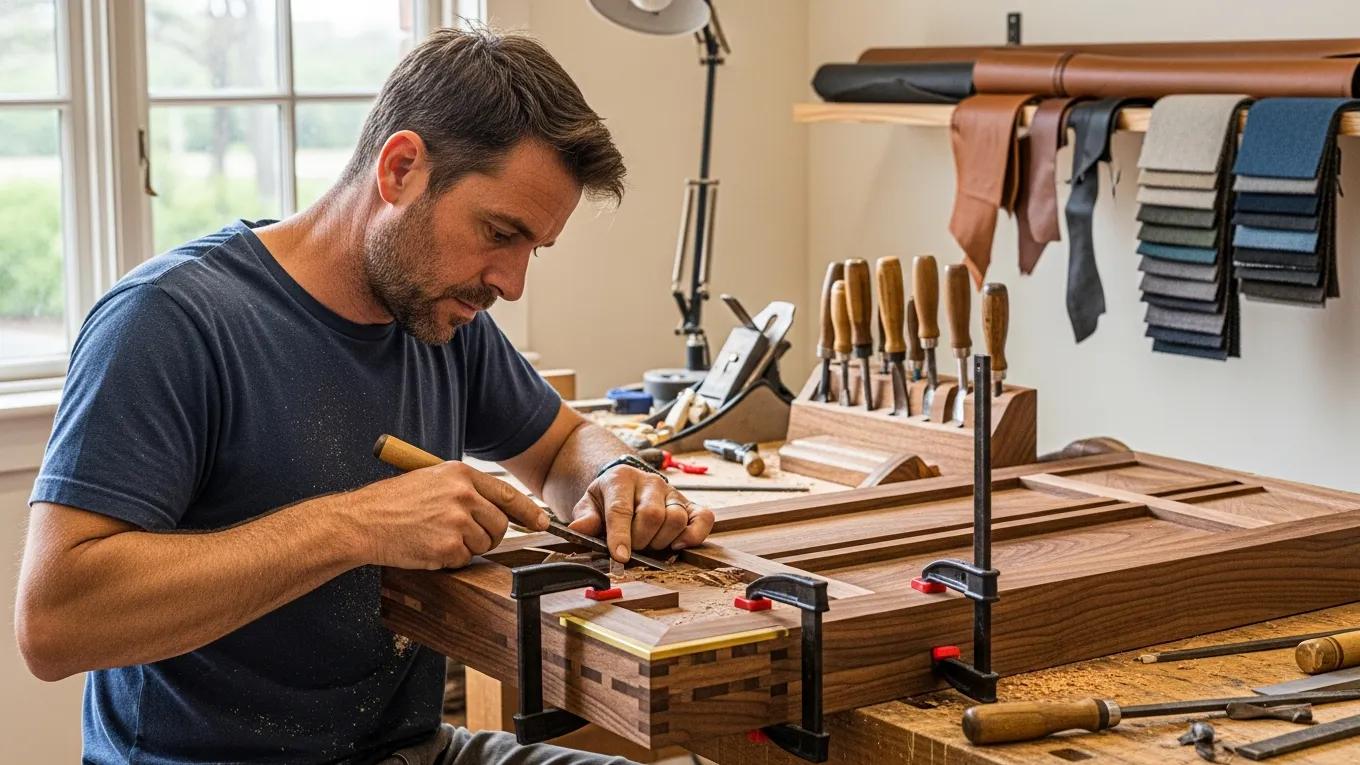 Artisan craftsmen working on custom luxury furniture, emphasizing bespoke craftsmanship in residential remodeling projects