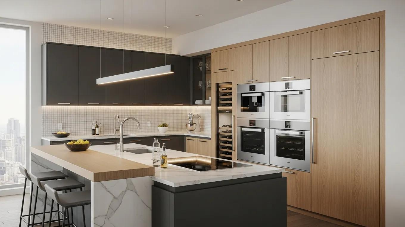 Bespoke kitchen in a luxury condo, highlighting custom design and high-end finishes