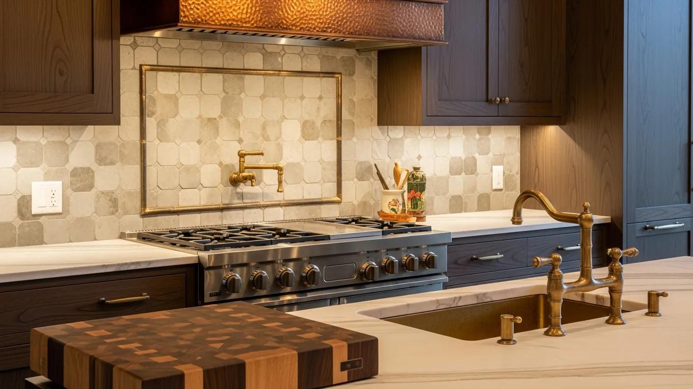 Close-up of artisanal materials in a luxury kitchen showcasing bespoke tiles and finishes