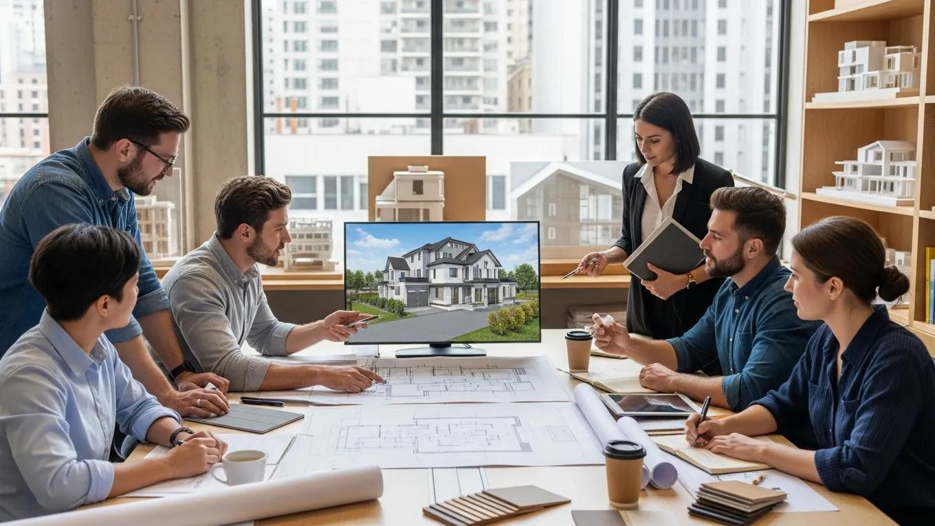 Design-build team collaborating on custom home blueprints in a modern office