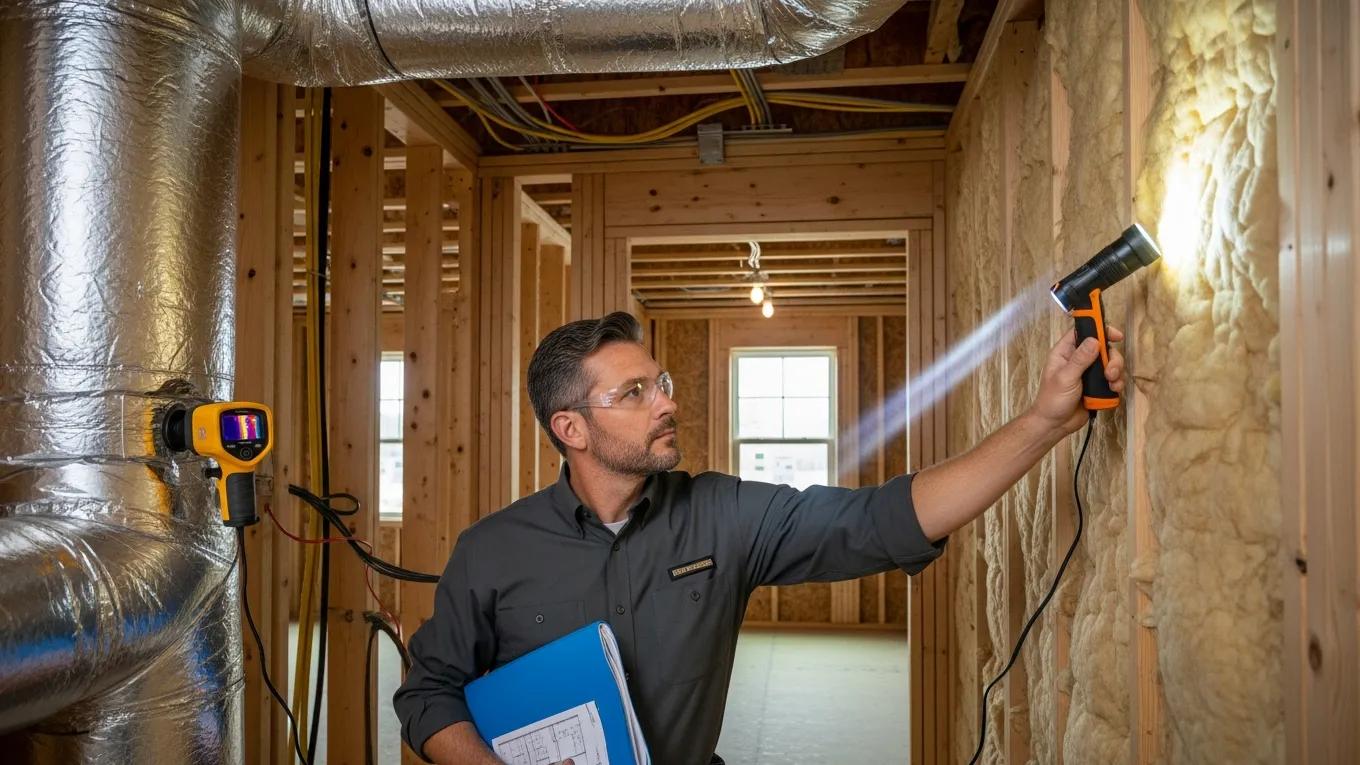 Home inspector evaluating energy efficiency features in a prefab home, highlighting compliance with building standards