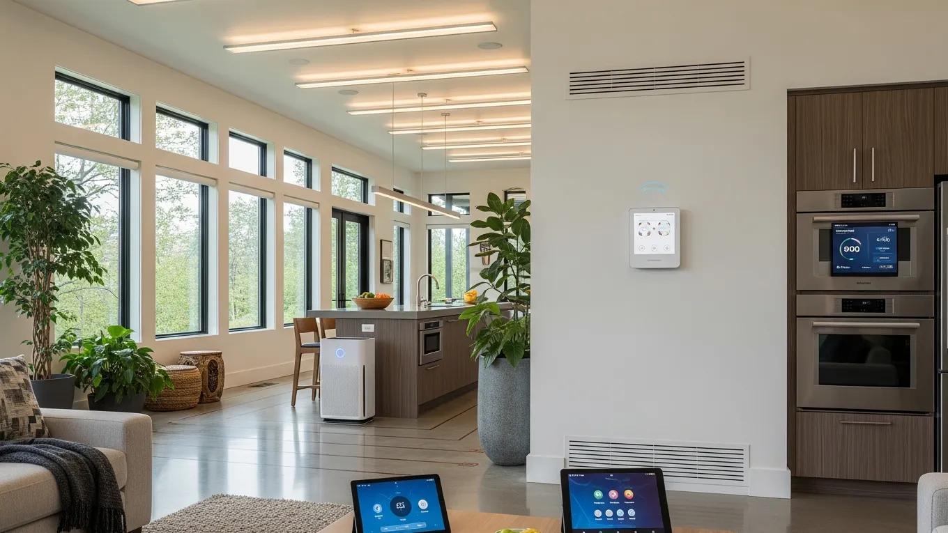 Interior of a luxury custom home showcasing energy-efficient appliances and smart technology