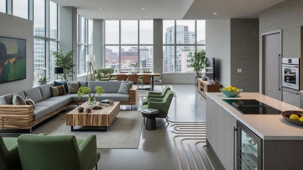Luxurious high-performance condo interior emphasizing sustainable design and energy efficiency