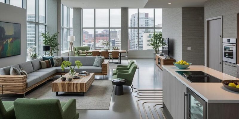 Luxurious high-performance condo interior emphasizing sustainable design and energy efficiency