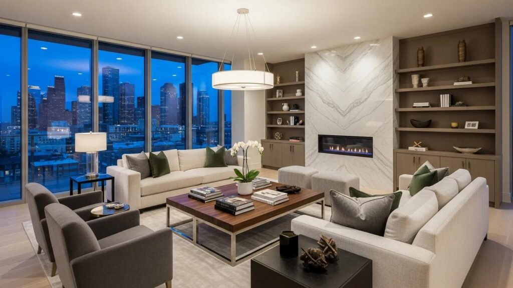 Luxurious high-rise condo interior with modern furnishings and Houston skyline view