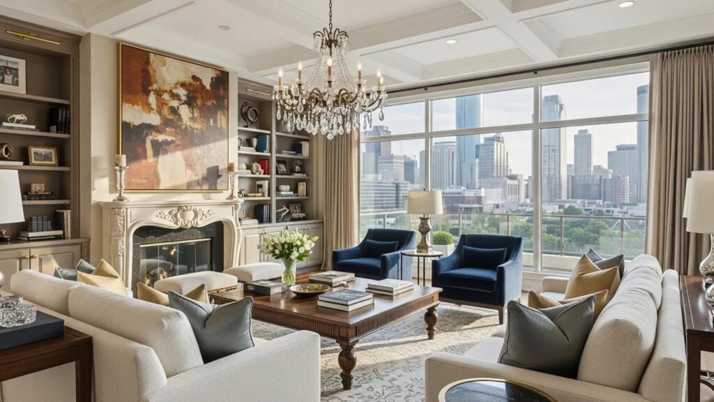 Luxurious living room interior design showcasing elegant furnishings and natural lighting in a Houston high-end home