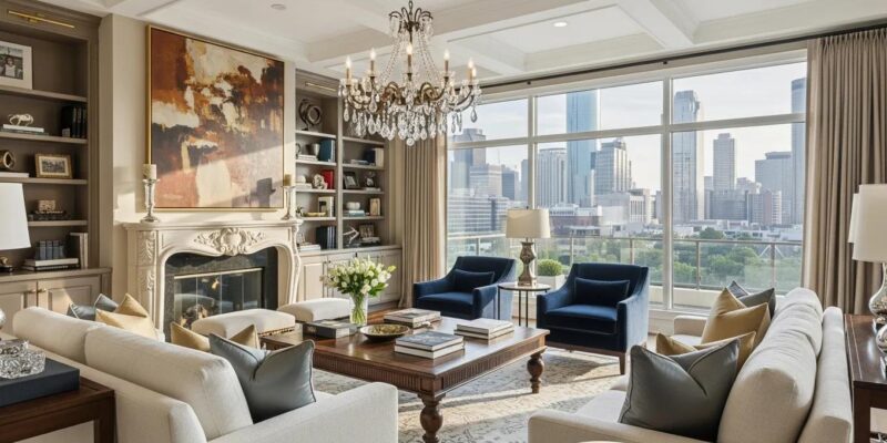 Luxurious living room interior design showcasing elegant furnishings and natural lighting in a Houston high-end home