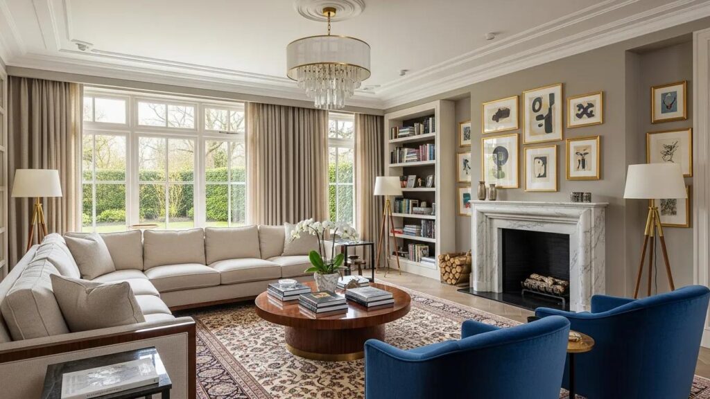 Luxurious living room with elegant furniture and high-end decor, showcasing quality craftsmanship