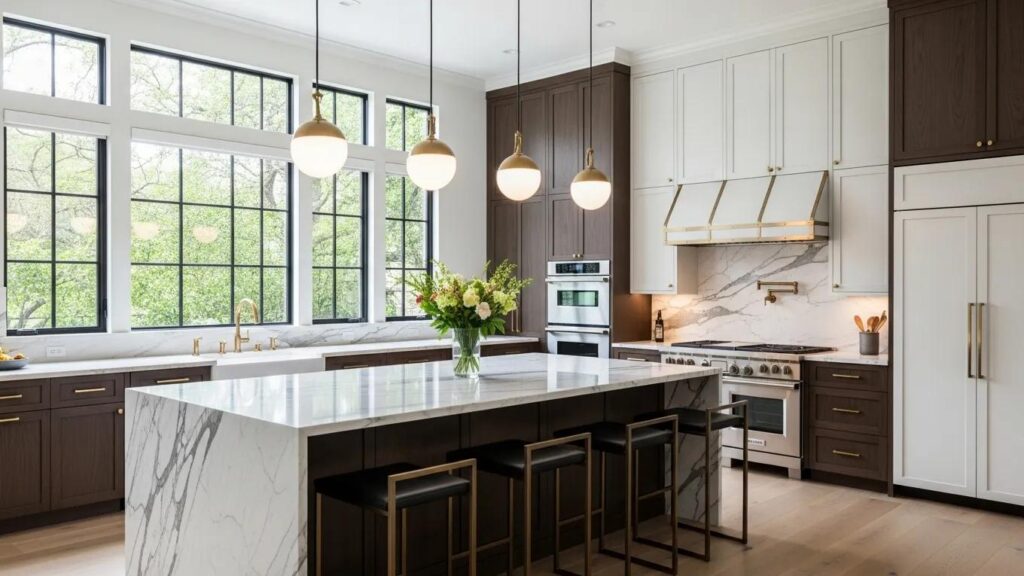Luxurious modern kitchen with marble countertops and sophisticated cabinetry, reflecting high-end home renovation in Houston