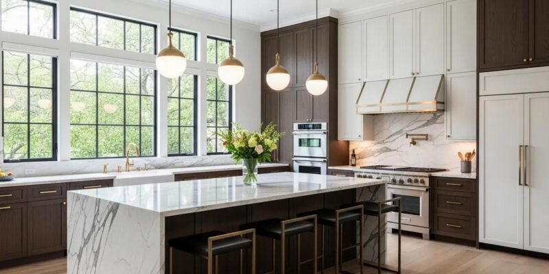 Luxurious modern kitchen with marble countertops and sophisticated cabinetry, reflecting high-end home renovation in Houston