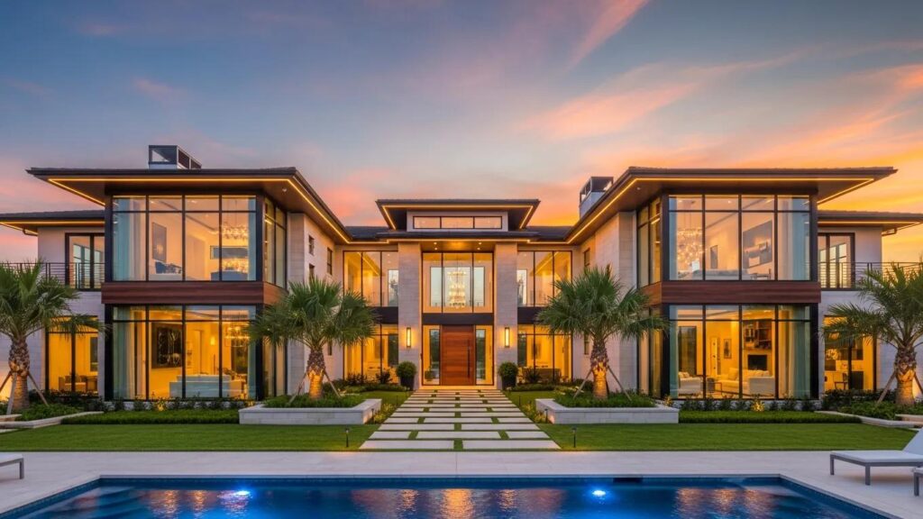 Luxury custom home in Houston with modern architecture and elegant landscaping