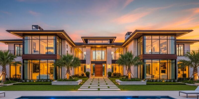 Luxury custom home in Houston with modern architecture and elegant landscaping