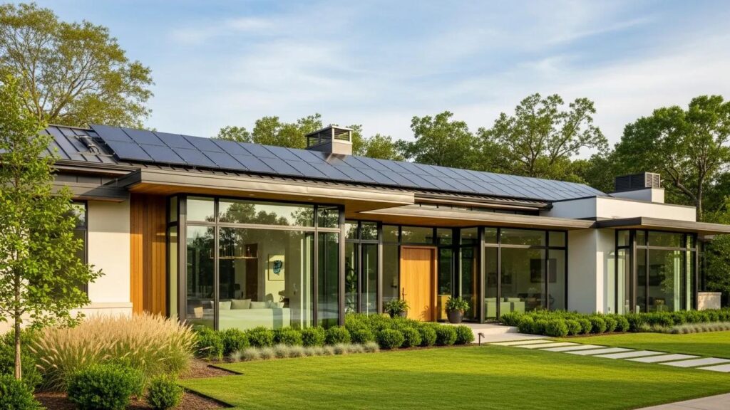 Luxury energy-efficient home in Houston with solar panels and modern design