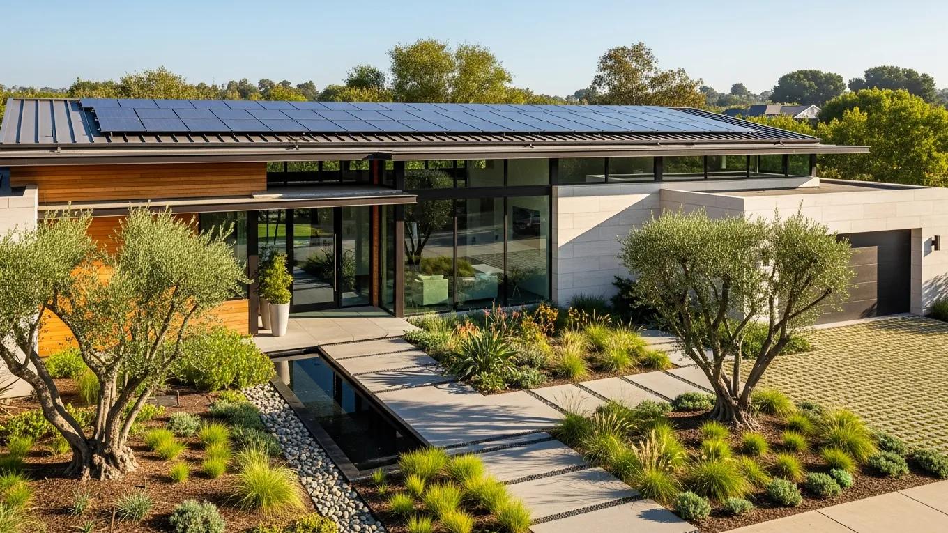 Luxury home with sustainable features like solar panels and energy-efficient windows, surrounded by greenery