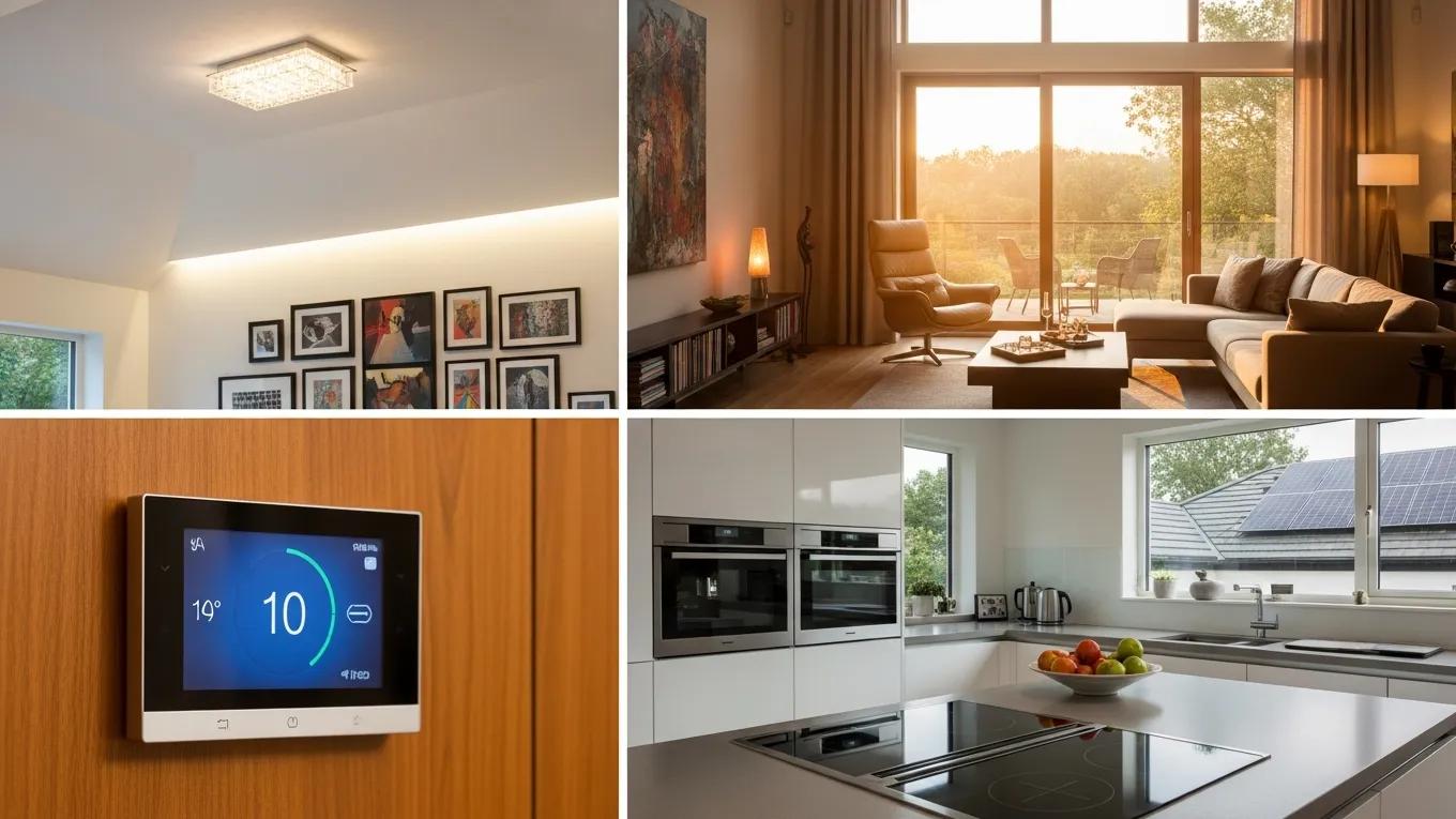 Modern energy-efficient technologies like high-efficiency windows and LED lighting showcased in a luxury home setting