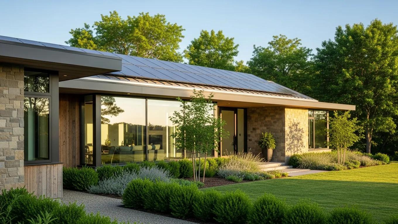 Modern home with energy-efficient windows and solar panels, emphasizing sustainable luxury renovation practices