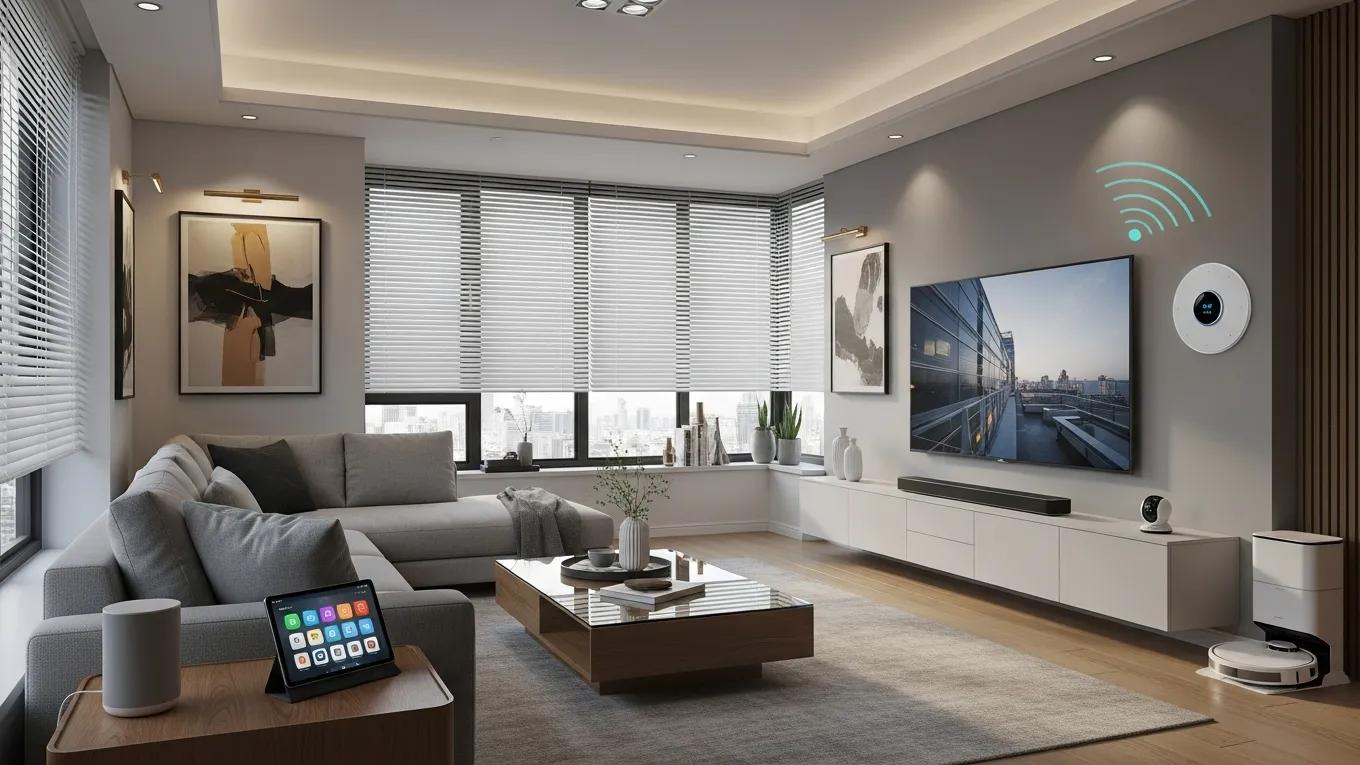 Modern living room showcasing smart home technology with automated features for enhanced comfort