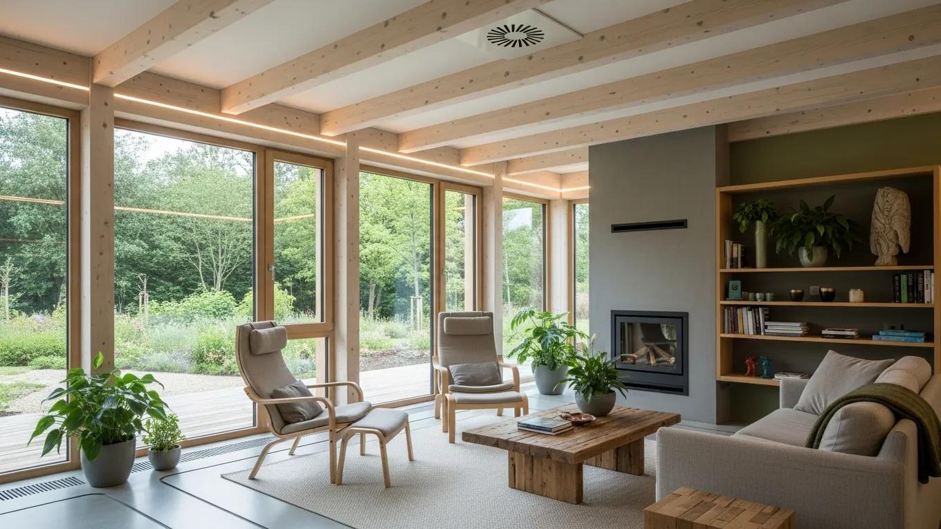 Modern living space illustrating passive house design with energy-efficient features and natural light