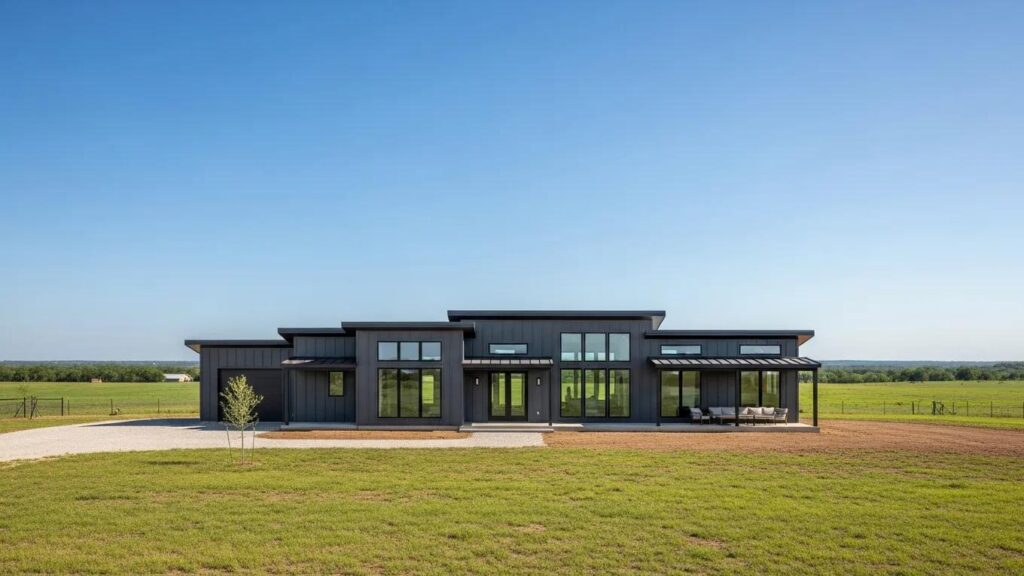 Modern prefab home in rural Texas landscape highlighting energy efficiency and design