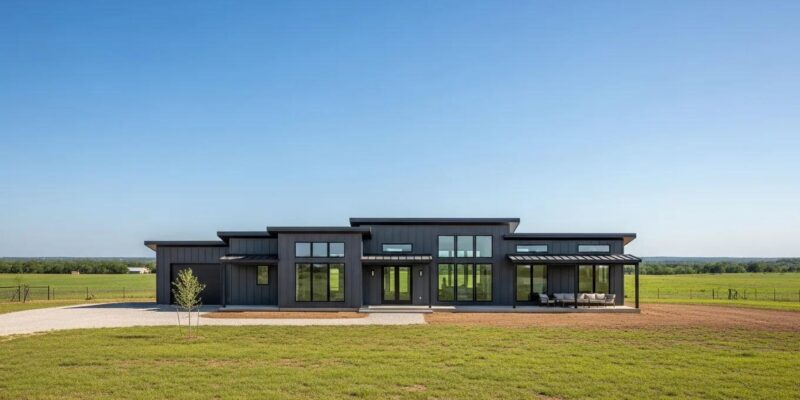 Modern prefab home in rural Texas landscape highlighting energy efficiency and design