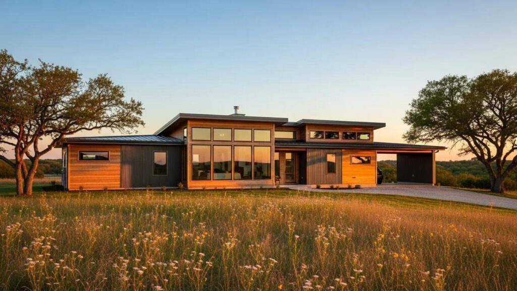 Modern Texas prefab home in a rural landscape, showcasing architectural features and integration with nature