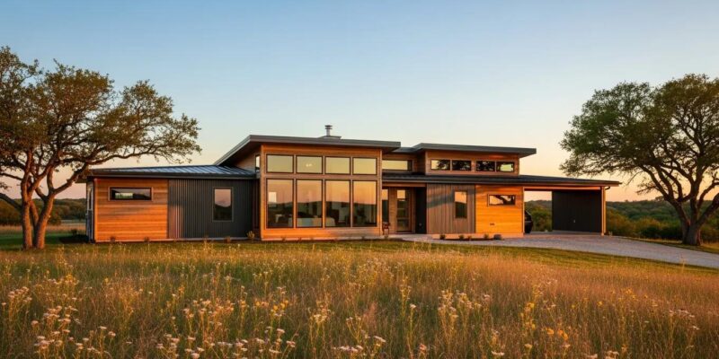 Modern Texas prefab home in a rural landscape, showcasing architectural features and integration with nature