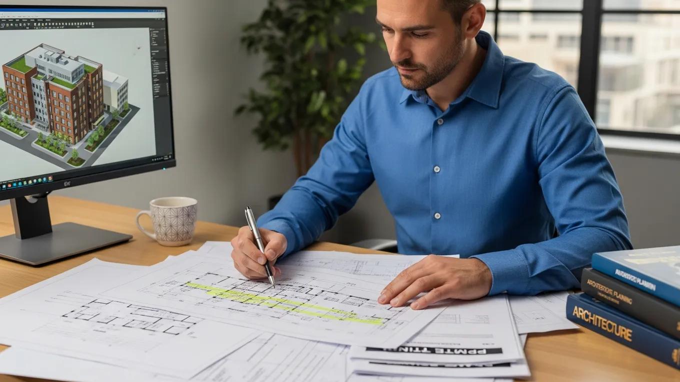 Professional reviewing building plans and permit documents in an office, emphasizing the importance of accurate documentation