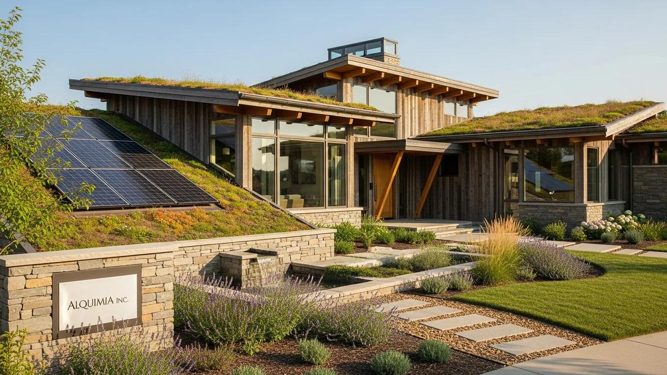 Sustainable luxury home featuring eco-friendly design elements and landscaping